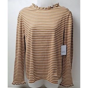 NEW Croft & Barrow Puff Long Sleeve Top Ruffle Neck Ribbed Tee Brn/Wht Stripe